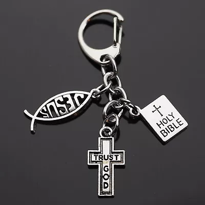 $6.49 • Buy Trust God Cross Jesus Fish Christian Holy Bible Charms Keychain Clip On Bag Gift