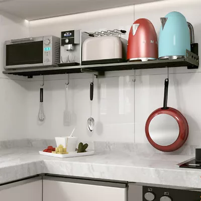 Microwave Oven Rack Stainless Steel Wall-Mounted Kitchen Shelf With 4 Hooks • $36.10