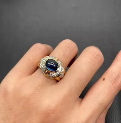 2:00 Carat Blue Sapphire Cabochon With Diamonds In 10k Yellow Gold Ring For Men • $1209.60