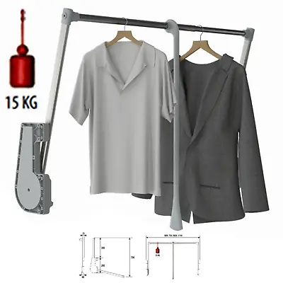 Pull Down Wardrobe Lift 15KG Heavy Duty With SOFT CLOSE Clothes Hanging Rail • £59.99