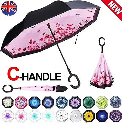 Windproof Upside Down Umbrella Reverse Umbrella Double Layer Inside-Out C-Handle • $21.99