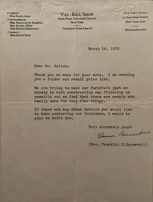 $225 • Buy Eleanor Roosevelt Signed 1929 Letter On Val-Kill Shop Letterhead, Hyde Park, NY