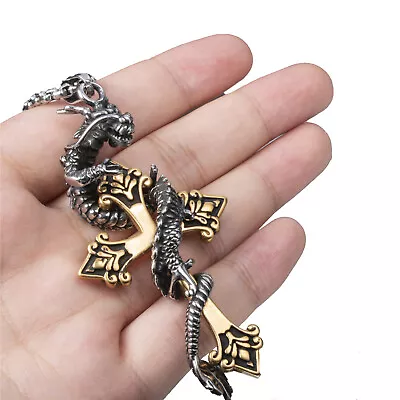 Dragon Cross Stainless Steel Men Pendant 24  Inch Necklace Set • $11.99