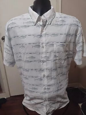 HUK Shirt Mens L Large White Fishing Short Sleeve Marlin Fish Print Button Down • $28.99