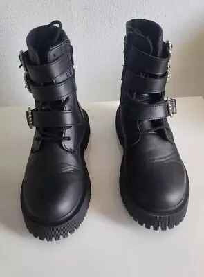  Zara Toddler Girl Biker Combat Leather Ankle Lace Up Boots Black Color  Size 31 • $40