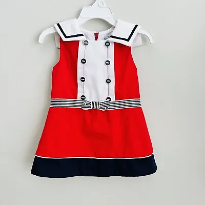Mayoral Chic Baby Girl Navy Blue White Red Dress Size 12 Months Nautical Style • $24
