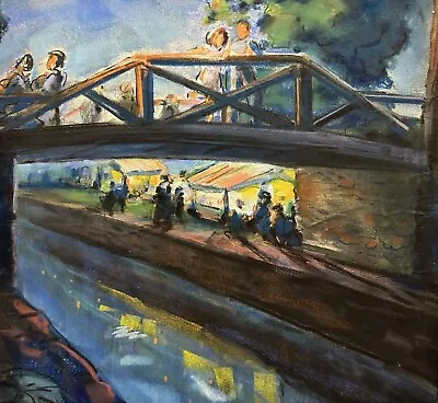 20th C. BUCKS COUNTY PA PAINTING Delaware Canal Camelback Bridge NEW HOPE • $295