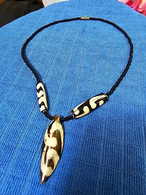 Vtg Necklace Tribal Statement Chunky Batik Horn Boho W/ Black Beads 16in  • $9.99