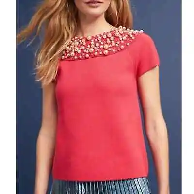 Anthropologie Moth Size Medium Brienne Pearl Embellished Holiday Sweater In Red  • $45