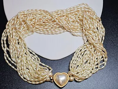 VTG Signed CAROL LEE Faux Pearl Multistrand Heart Necklace • $125