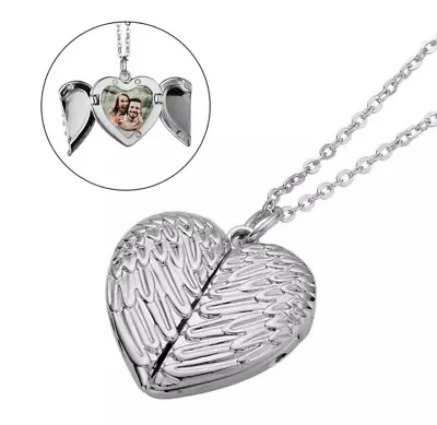 Cute Special Photo Angel Wings Heart Locket Necklace Love Gift Memorial Keepsake • £7.89