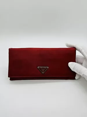 AUTHENTIC PRADA Tessuto Luxe Nylon Leather Long Wallet Purse Red • $22