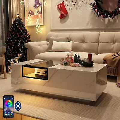  47.3IN LED High Gloss Marbling Print Coffee Table With APP Control And Storage • $180.49