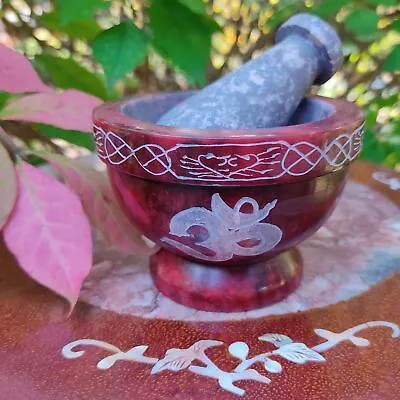 Red Soapstone Om Mortar And Pestle - Handmade - Absolutely Beautiful 3.5  Wide • $35.50