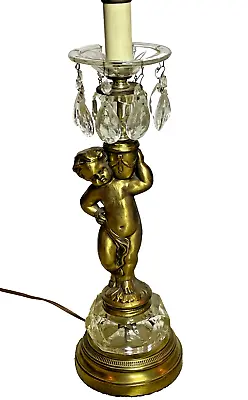 Vintage 60s Hollywood Regency Mid Century Cherub Lamp Prism Crystal Table Lamp • $99.99