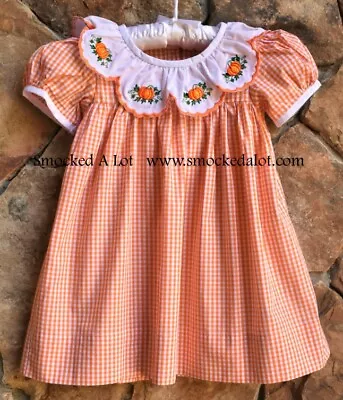 Smocked A Lot Girls Pumpkin Dress Scalloped Collar Thanksgiving Turkey Orange • $42