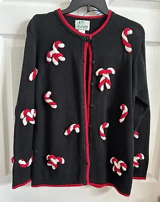 The Quacker Factory Womans Button Up Christmas Sweater Cardigan Candy Canes Sz S • $34.99