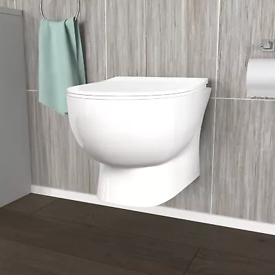 Rimless D Shaped Wall Hung Toilet Pan With Soft Close Toilet Seat White • £119.99