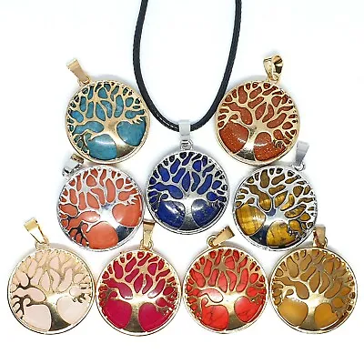 Healing Quartz Tree Of Life Gemstone Round Pendant Chain Necklace Chakra Anxiety • £4.95