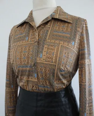 Vintage 1970S Shirt Retro Long Sleeve Boho Chic Beige Blue MOD Top 16 • £12.99