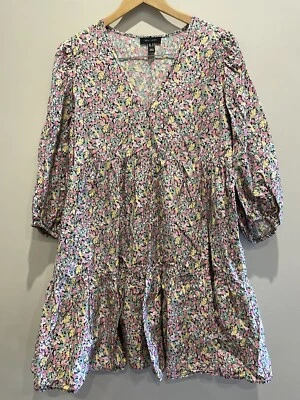 $25 • Buy New Look ASOS Pink Floral Tiered Dress V Neck 14 Puff Sleeve Cotton