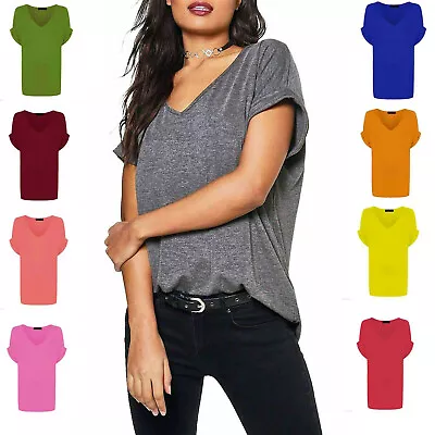  Ladies Women Baggy Oversized Loose Fit Turn Up Batwing Sleeve V Neck Top T Shir • £8.49