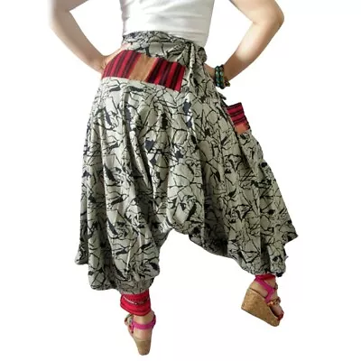 Mens / Womens Harem Pants Hippie Gray Marable Pattern Aladdin Drop Crotch Hmong • $21.95