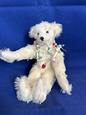 9  White Mohair Fully Jointed Artist Teddy Bear With Ribbon Necklace • $12.99