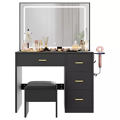 Dressing Table Vanity Set W/Lights Mirror Stool Drawers Makeup Desk Chair Black • £169.99