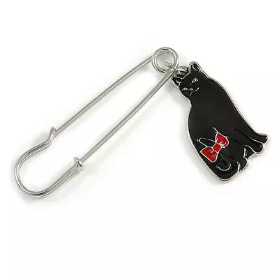 Medium Safety Pin With Black Enamel Cat Charm Brooch In Silver Tone - 60mm • £10.80