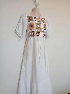 Ghanda Size Xs (6-8) Dress Boho Crochet Cotton White Midi Puff Sleeve  • $15