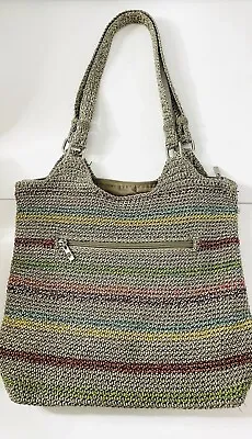 The Sak Shoulder Satchel Bag Crochet Sage Green Colorful Stripes Large Boho Knit • $19.99