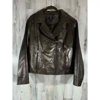 G By Giuliana Brown Green Metallic Coated Leather Moto Jacket Size XL READ • $27.98