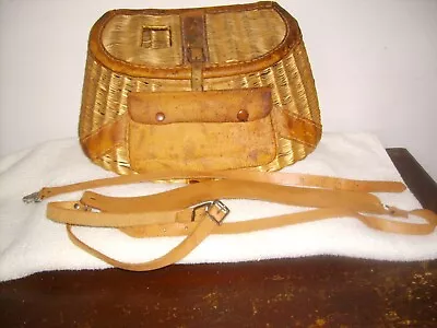 Antique Wicker Leather Creel Fishing Basket 14 1/2 Inches With Strap • $60