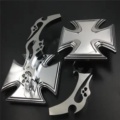 Universal Motorcycle Trlbal Skulls Flames Iron Cross Billet Mirrors Set Chrome • $69.89