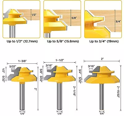 3Pcs 45 Degree Lock Miter Router Bit Set1/2 5/8 3/4  Cutting Height1/4 Shank • $29.75