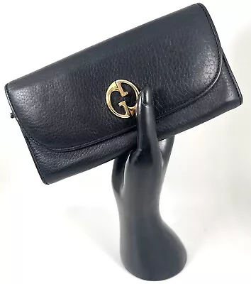 Authentic GUCCI 1973 Black Pebbled Leather Flap Continental GG Wallet So SOFT • $225.08