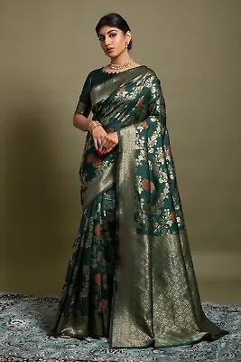 $38 • Buy Indian Silk Bollywood Designer Saree Traditional Wedding Wear Dark Green Sari