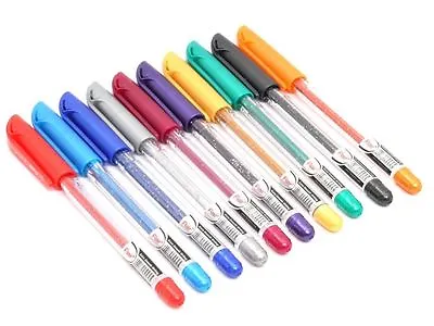 10 X Gel Pens GREEN BLACK SILVER GOLD RED BLUE ORANGE GLITTER METALLIC COLOUR • £2.75