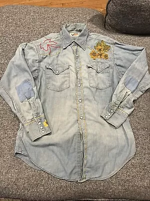 Vintage 1970s Ranchcraft Penneys Denim Chambray Western Patchwork Embroid Shirt • $55