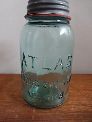 ATLAS STRONG SHOULDER MASON CANNING JAR Quart W/ZINC LID AQUA Mfg 1920-1940 • $10