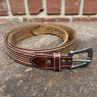 Mens Western Leather Belt Size 34 Brown Solid Brass Buckle Stitching Casual • $14.88