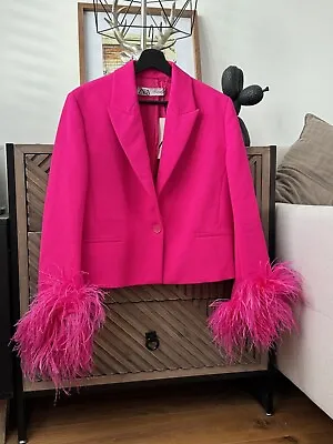 ZARA CROPPED BLAZER WITH FEATHERS Neon Pink Blog Fav Size M Medium 7602 484 • £89