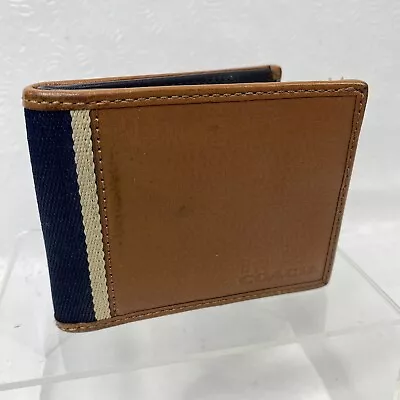 Coach Men's Heritage Web Leather ID Bifold Wallet Brown With Navy Canvas Accent • $69.76