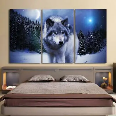 Snowy Mountain Forest Wolf Moon Night Framed 3 Piece Canvas Wall Art Print Photo • $69