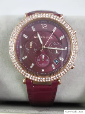 $135.99 • Buy NEW Michael Kors Parker Rose Gold Crystal Glitz Dark Red Dial Watch MK6986 NIB