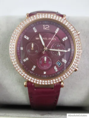 NEW Michael Kors Parker Rose Gold Crystal Glitz Dark Red Dial Watch MK6986 NIB • $139.99