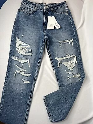 ZARA High Rise Distressed Classic Mom Fit Jeans Light Wash EU 38 US 6 NWT • £24.08