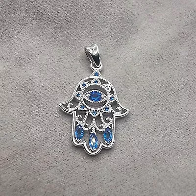 925 Silver Hamsa Hand Pendant With Blue Crystal Evil Eye • £31.88