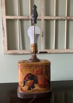 MCM Vintage Indian Tea Tin Lamp On Wood Base - Frederick Cooper Style ? • $69.57